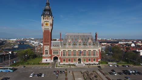 Calais-distinctive-town-hall-with-a-74m-high-clock-and-belfry.-Aerial-drone-view